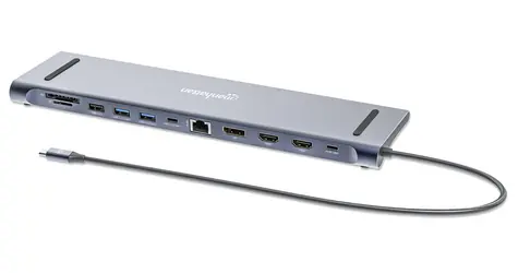 Manhattan Dokovací stanice 12-v-1 stříbrná / Dokovací stanice / USB-C / 2x HDMI 4K / DisplayPort / PD 100W