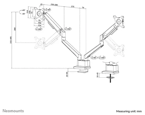 Neomounts DS70-250BL2 černá / Stolní držák pro 2 monitory / 17-32