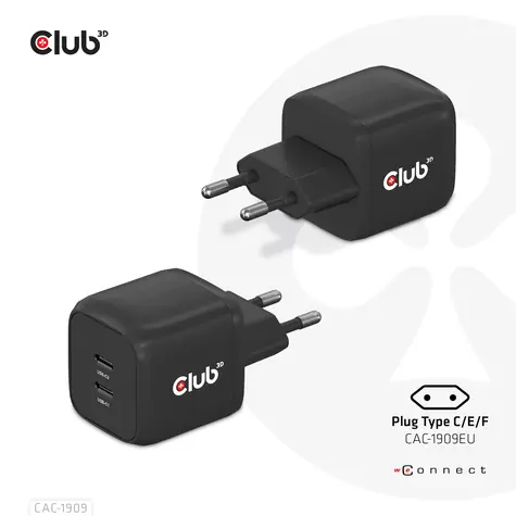CLUB3D nabíječka GaN černá / Nabíječka / 2x USB-C / 45W / Power Delivery 3.0 / PPS