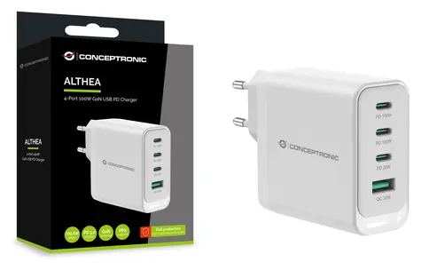 Conceptronic ALTHEA22W100 bílá / USB nabíjecí adaptér / 3x USB-C / 1x USB-A / 100 W / GaN / PD 3.0, PPS