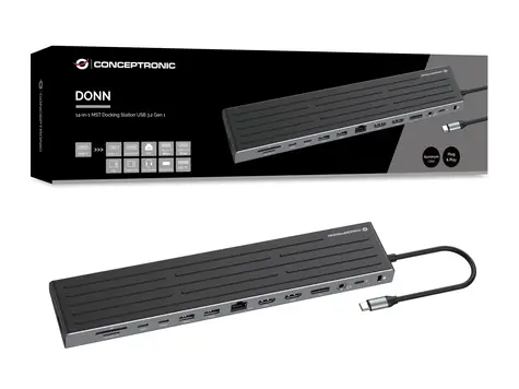 Conceptronic 14-in-1 šedá / Dokovací stanice / USB-C / 2x HDMI / 1x DisplayPort / 4K 60Hz / LAN / PD 100W