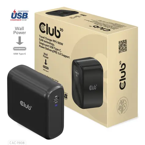 Club3D CAC-1908 černá / USB nabíječka / 100W / GaN / USB-C / PD 3.0