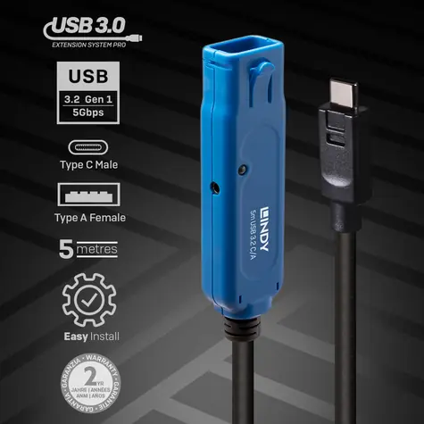 Lindy USB-C - USB-A aktivní prodlužovací kabel černá / Kabel USB / USB 3.2 Gen 1 / 5 m