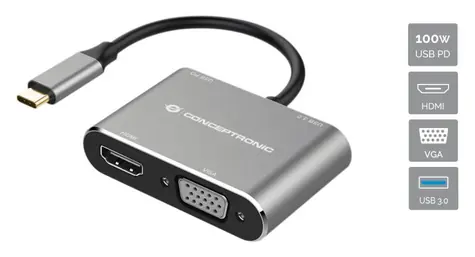 Conceptronic USB-C dokovací adaptér černá/stříbrná / Dokovací stanice / HDMI 4K/30Hz / VGA / USB-A 3.0 / PD 100W