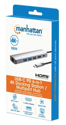 Manhattan USB-C dokovací stanice 6v1 stříbrná / Dokovací stanice / 1x HDMI 4K/60Hz / Gigabit LAN / PD 100W