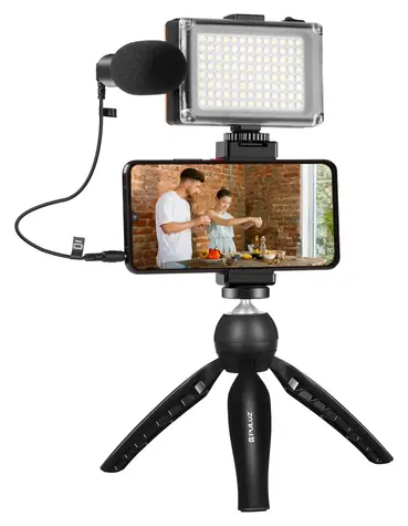 Puluz PKT3132B / Sada pro živé vysílání / Stativ / LED světlo / Mikrofon / Svorka na telefon