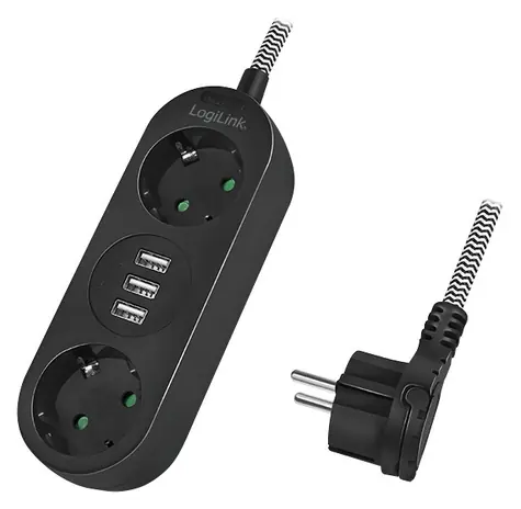 LogiLink Prodlužovací kabel 2 zásuvky + 3x USB-A černá / Prodlužovací kabel / 1,5 m / 230 V, 16 A