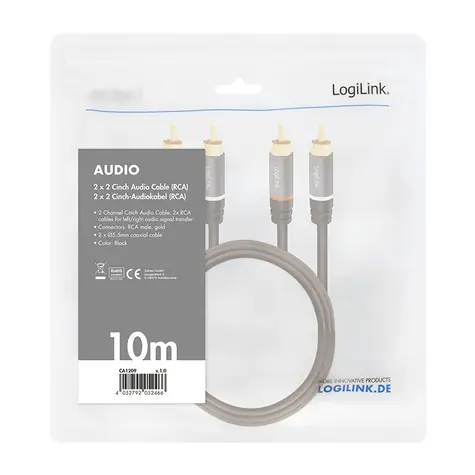 LogiLink audio kabel 2x RCA(M) - 2x RCA(M) 10 m černá / Audio kabel / Pozlacené konektory / Stíněný