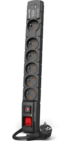 Acar S6 černá / Prodlužovací přívod / 6 zásuvek / USB PD 3.0 & QC / 5 m