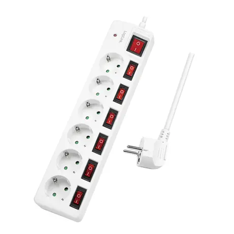 LogiLink Prodlužovací kabel 6x zásuvka bílá / Prodlužovací kabel / 1,5 m / 230V-16A / vypínače