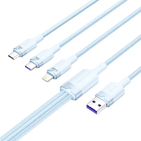 Vention CTRLG modrá / Kabel USB-A na USB-C, Lightning, Micro-B / 6A / 120W / 1,5 m