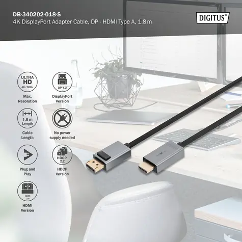 Digitus / DisplayPort připojovací kabel / DP/M - HDMI-A/M / 4K / 1,8 m