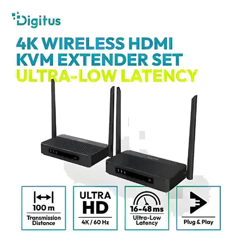 Digitus černá / Bezdrátový HDMI KVM extender / dosah 100 m / 4K/60Hz