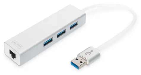 Digitus DA-70250-1 bílá / USB hub s LAN adaptérem / USB 3.0 / 3x USB-A / Gigabit LAN