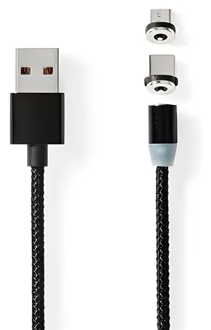 Nedis CCGB60630BK20 černá / Magnetický nabíjecí kabel / USB-C + Micro-USB / 10 W / 2 m