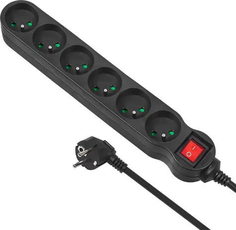 Maclean MCE225 černá / Prodlužovací zásuvka / 6x zásuvka typ F / 1,5 m / 2300 W / vypínač