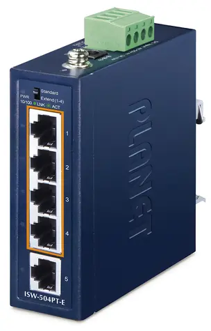 Planet ISW-504PT-E / Switch průmyslový / 1x 10/100 RJ45 / 4x 10/100 PoE+ / 802.3at 120W / -40 až 75 °C / IP40