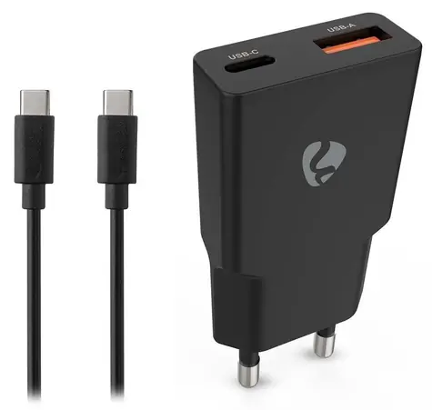 Nedis GaN 30W černá / Síťová nabíječka / USB-C PD3.0 + USB-A QC3.0 / kabel USB-C - USB-C 1,5 m