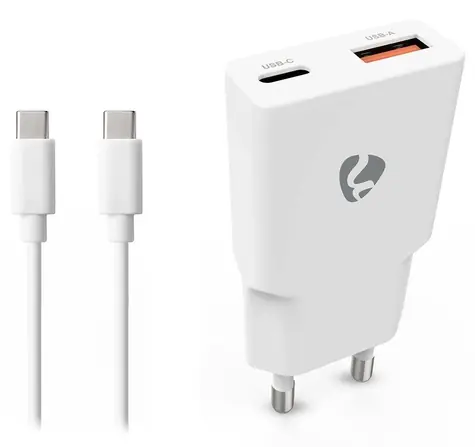 Nedis GaN 30W bílá / Síťová nabíječka / USB-C PD3.0 + USB-A QC / kabel USB-C - USB-C 1,5 m