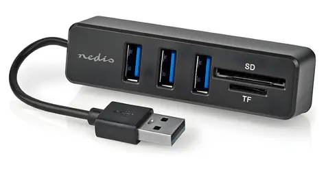 Nedis USB Hub 3 porty černá / USB hub / 3x USB-A / Čtečka SD, microSD / Napájení z USB