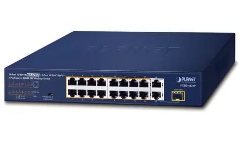 Planet FGSD-1821P / PoE switch / 16x 100 Mbps / 1x Gigabit TP/SFP / PoE+ 802.3at 185W / extend mód 250 m
