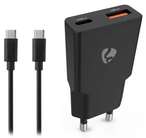 Nedis GaN 20W černá / Síťová nabíječka / USB-C, USB-A / PD3.0 / + kabel USB-C 1,5 m