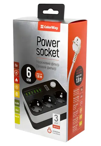 Colorway Prodlužovací přívod / Prodlužovací kabel / 3x Schuko / 6x USB 5V / 1,8 m