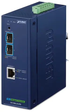 PLANET IXT-900-2X1PD / Průmyslový konvertor / 10GBase-T PoE PD / 2x SFP+ 10GBase-X / IP40 / -40~75°C / SNMP