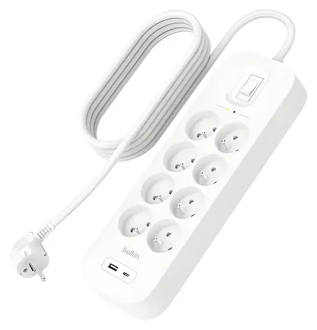 Belkin Prodlužovací kabel s přepěťovou ochranou / Prodlužovací kabel / 8x zásuvka / USB-A+C / 900J / 2m