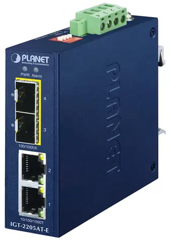 Planet IGT-2205AT-E / Průmyslový konvertor / 2x 1000Base-T / 2x 1000Base-X SFP / IP40 / -40 až 75 °C / 12-58 VDC