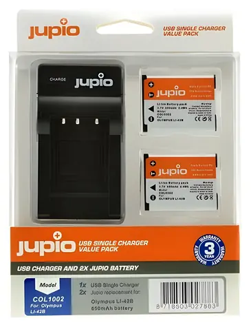 JUPIO sada 2x akumulátor Li-40B + nabíječka USB / Baterie a nabíječka / Li-42B, NP-45, D-Li63, EN-EL10 / 650 mAh