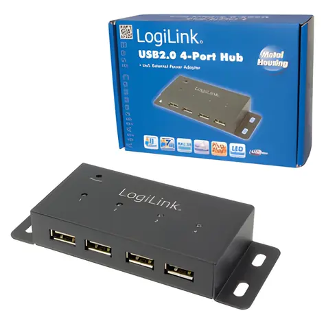 LogiLink UA0141A černá / USB Hub / 4x USB 2.0 / kovové tělo / napájecí adaptér