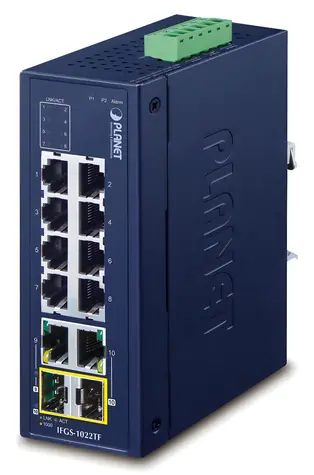 Planet IFGS-1022TF / Switch průmyslový / 8x 100Mb / 2x 1Gb SFP / -40 až 75°C / IP30 / Fanless