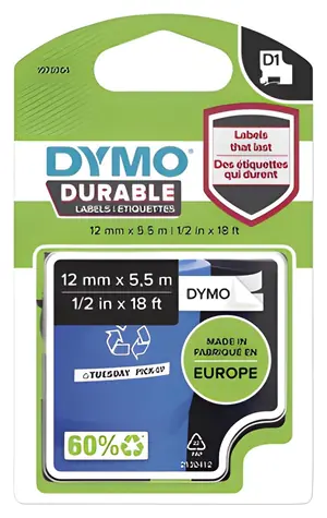 Dymo originální páska do tiskárny štítků 12mm x 5.5m / černý tisk / bílý podklad / D1 / permanentní vinylová