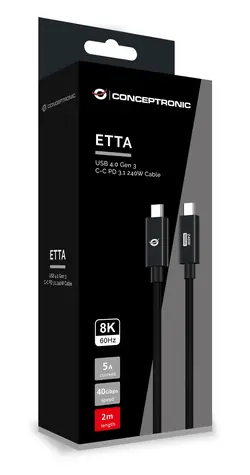 Conceptronic ETTA04B20 černý / USB-C kabel / USB4 Gen 3 / 40 Gbps / PD 3.1 / 2 m