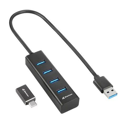 Sharkoon USB Hub 4 porty hliníkový černá / Hub / USB 3.2 Gen 1 / 5 Gb/s / adaptér USB-C