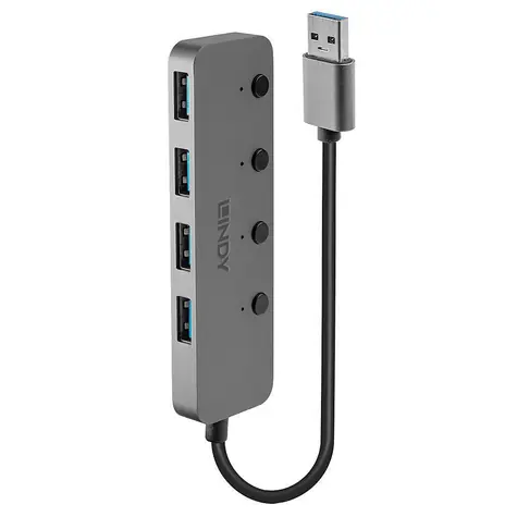 Lindy USB hub 4 porty šedá / USB hub / vypínače portů / USB 3.0 / 5 Gb/s / hliníkové tělo