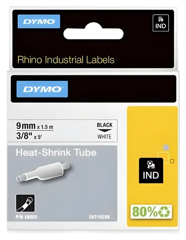 Dymo RHINO smršťovací bužírka 9mm bílá / Bužírka do tiskárny štítků / černý tisk / 1,5 m