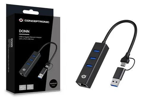 Conceptronic DONN07BA USB-C hub / 3x USB-A 3.0 / 1x GLAN