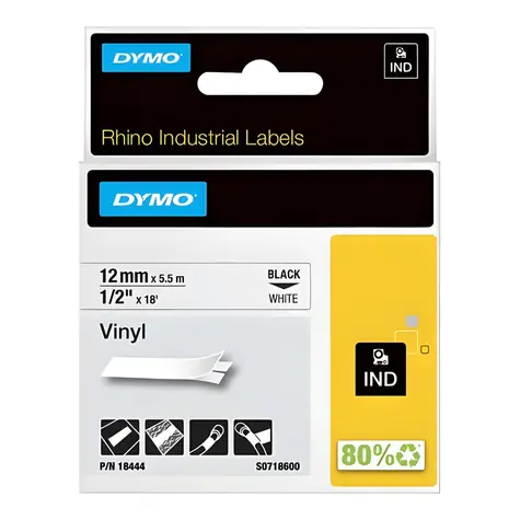 Dymo originální páska do tiskárny štítků 12mm x 5,5m (bílý podklad) / černý tisk / RHINO vinylová profi