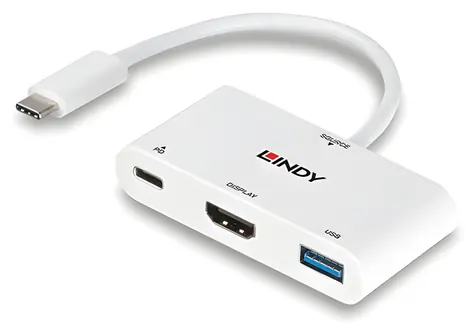Lindy USB-C multiportový hub bílá / Rozbočovač USB-C / USB-A + HDMI / PD 100 W / 18 cm