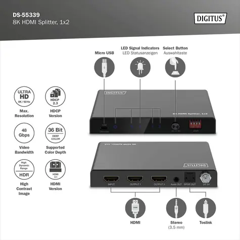 Digitus DS-55339 černá / Rozbočovač / HDMI 1x2 / 8K 60Hz / Downscaling / HDMI 2.1