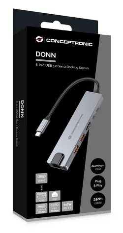 Conceptronic DONN29G / USB-C dokovací stanice / 6v1 / 2x USB-A 3.2 / 2x USB-C / HDMI / Gigabit Ethernet