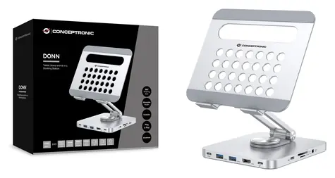 Conceptronic DONN26G stříbrná / Dokovací stanice a stojan / HDMI / 2x USB-A / USB-C / čtečka karet