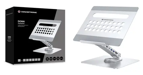 Conceptronic DONN27G stříbrná / Dokovací stanice se stojanem / USB-C / HDMI / 2x USB-A 3.2 / Čtečka karet