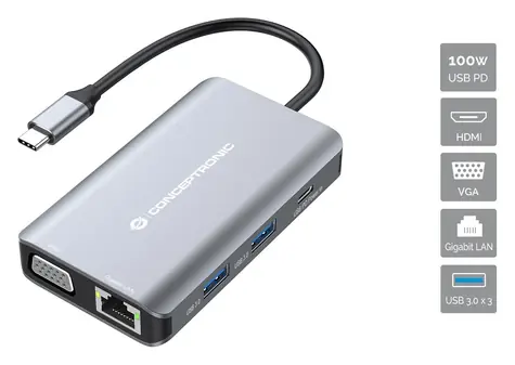 Conceptronic DONN21G šedá / Dokovací stanice / 7v1 / USB-C / 3x USB-A / HDMI / RJ45
