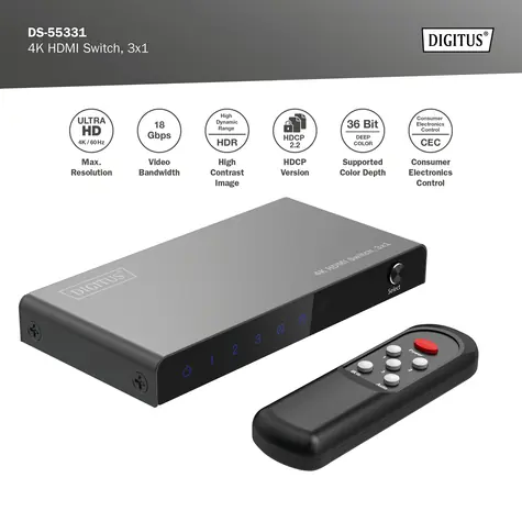 Digitus DS-55331 / HDMI přepínač / 3 vstupy / 1 výstup / 4K 60Hz / HDR / HDCP 2.2