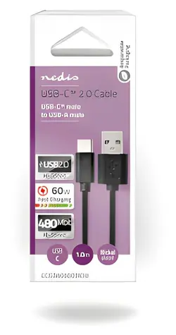 Nedis USB-A - USB-C kabel černá / Kabel USB / USB 2.0 / 15 W / 480 Mbps / 1 m