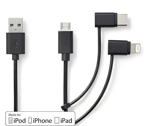 Nedis USB-A kabel 3v1 černá / Datový kabel / Lightning, Micro-B, USB-C / 480 Mbps / 1 m