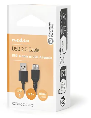 Nedis USB-A prodlužovací kabel černá / Kabel / USB-A - USB-A / USB 2.0 / 0,2 m